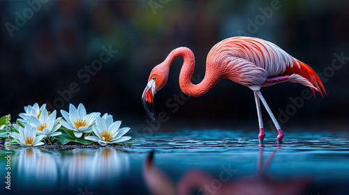 Obraz na płótnie A vibrant flamingo, its plumage a striking coral pink, delicately probes the water's surface for sustenance amidst a bed of pristine white water lilies. w salonie