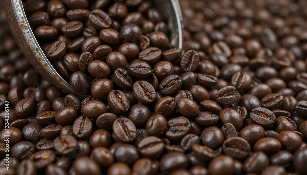 Fototapeta premium Freshly Roasted Coffee Beans with Silver Spoon in Close-Up Shot