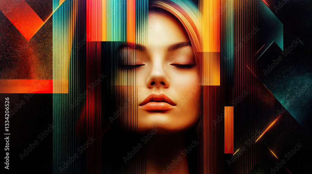Colorful lines and shapes create a dynamic backdrop for a woman's peaceful expression.