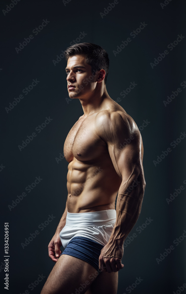 a muscular individual wearing minimal clothing, standing against a dark background. The person is looking to the side, showcasing well-defined abdominal and arm muscles.