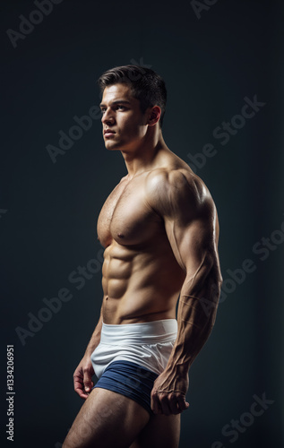 a muscular individual wearing minimal clothing, standing against a dark background. The person is looking to the side, showcasing well-defined abdominal and arm muscles.