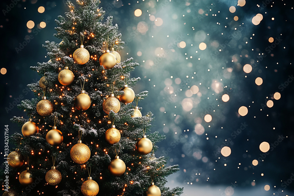 Fototapeta premium Elegant Christmas tree decorated with golden ornaments and twinkling fairy lights, surrounded by a magical snowfall and festive bokeh background.