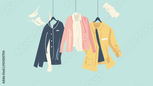 A digital illustration depicts three articles of clothing hanging on black hangers from thin strings against a light blue background.  The clothing consists of a navy blue jacket, a light pink