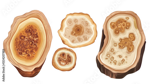 High-angle, close-up shot of four irregularly shaped slices of wood against a white background.  The wood slices vary in size and exhibit unique grain patterns with variations in shades of beige,