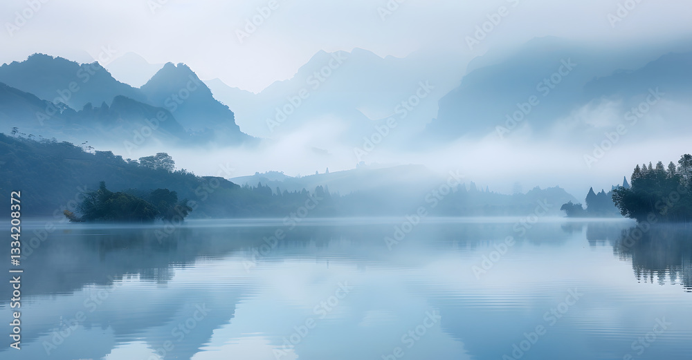 Mountains in the fog and boats on the lake Mountains in the fog and boats on the lake