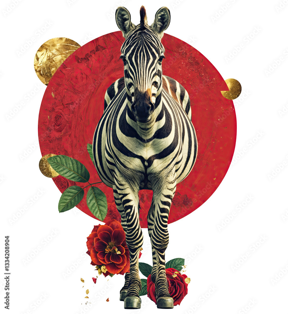 a zebra standing in front of a red circular background, surrounded by roses and leaves. The zebra is the central focus, with the contrasting colors and natural elements creating a striking visual.