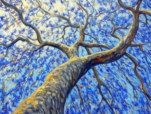 Artistic illustration of a blue-blooming tree viewed from the ground, with a twisting trunk