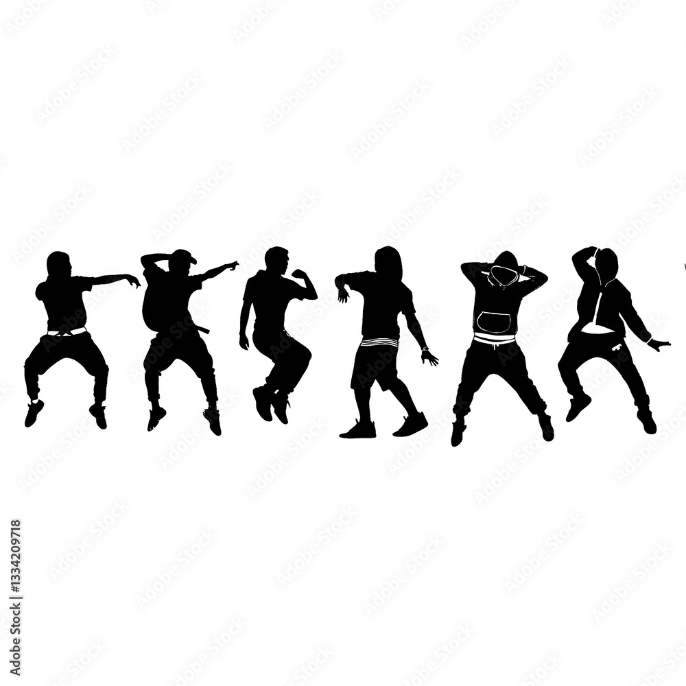 Obraz premium illustration silhouettes of expressive dance colorful group of people dancing. Jazz funk. hip-hop. house dance. Break dance.Dancer jumping