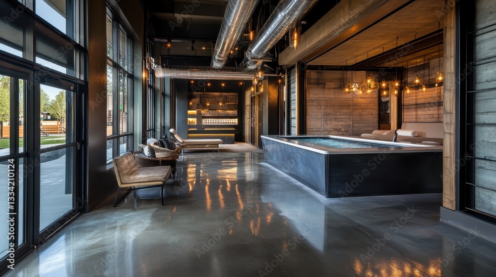 Fototapeta premium Modern Spa Relaxation: Indoor Pool and Lounge Area