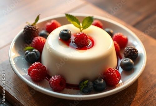 Panna Cotta dessert with fresh berries and sugar