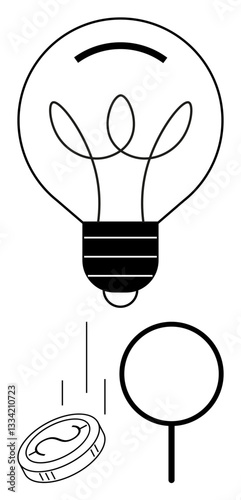 Light bulb signifying ideas, coin symbolizing financial value, magnifying glass depicting analysis. Ideal for concepts thumbs up innovation, finance, research, success, growth, investments