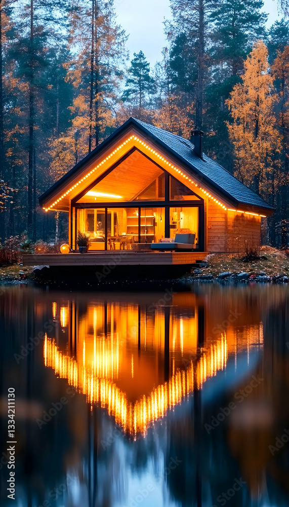 Fototapeta premium Illuminated modern cabin reflected in tranquil lake at dusk