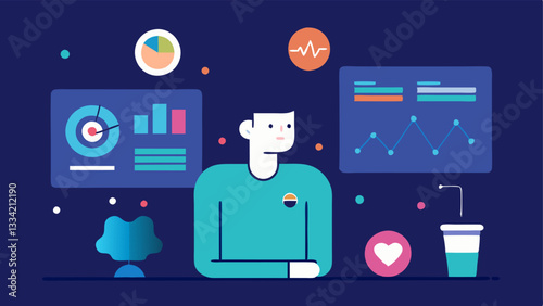 Health Metrics Visualization A developer analyzing health metrics displayed on a digital screen surrounded by images of heart rates calories burned and sleep patterns.