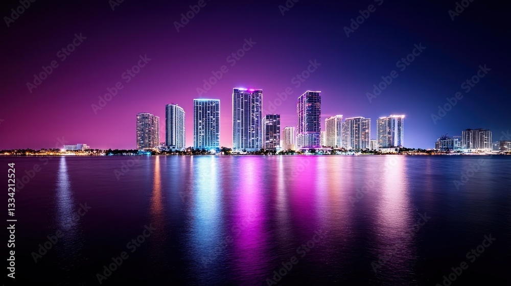 Fototapeta premium cityscape glowing in neon hues, set against a deep purple aesthetic background, arranged by a professional photographer with cinematic studio lighting for a nostalgic cyberpunk feel