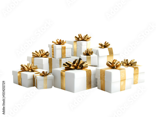 The image features a pile of white gift boxes with gold ribbons, suitable for various celebrations.