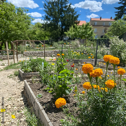 Vibrant community garden thrives under sunny sky, showcasing diverse flowers and vegetables; perfect for sustainable living articles