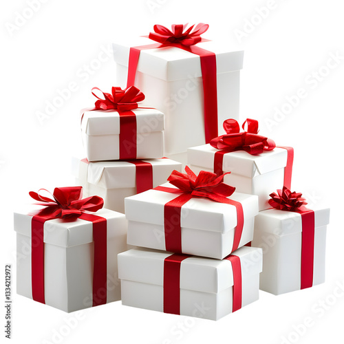 A stack of beautifully wrapped presents with red bows signifies a gifting, isolated on transparent background, cut out, PNG 3D Digital Art.