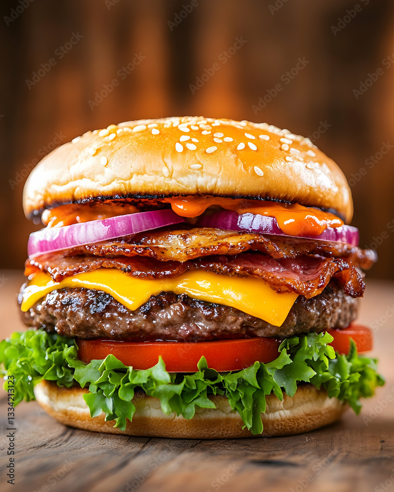 Juicy bacon cheeseburger with lettuce, tomato, onion, and sauce on a sesame seed bun Juicy bacon cheeseburger with lettuce, tomato, onion, and sauce on a sesame seed bun