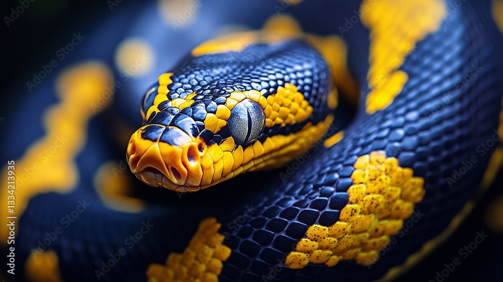 Obraz premium Closeup Of Coiled Snake With Dark Blue And Yellow Scales