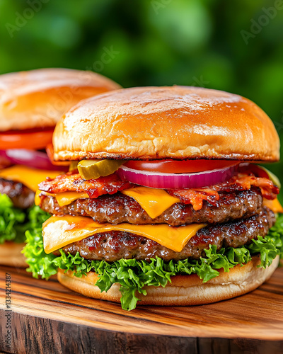 Juicy double cheeseburger with bacon, lettuce, tomato, onion, and pickles on a wooden board