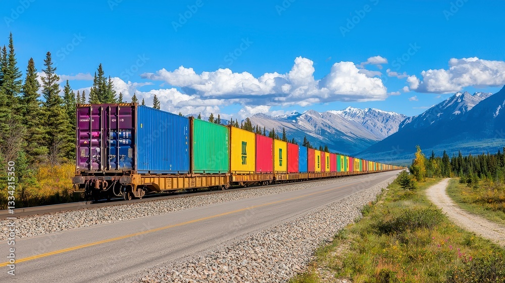 Fototapeta premium Colorful Cargo Train on Scenic Railway Through Mountain Landscape