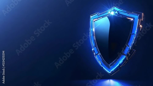 Glowing digital shield emblem with futuristic energy force,representing protection,security,and technological innovation. Abstract 3D in shades of blue.