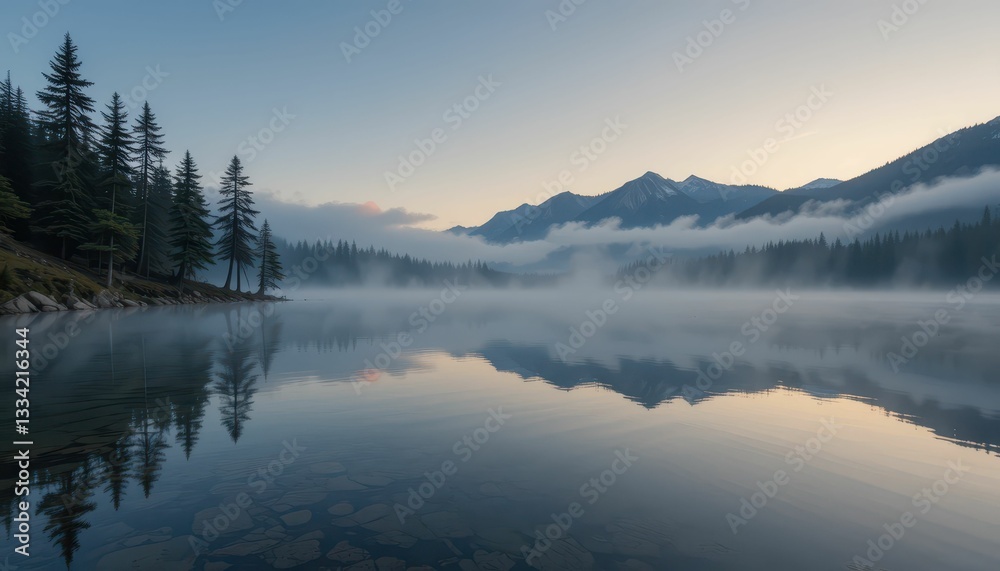 Serene Misty Lake Surrounded by Mountains and Evergreen Trees at Dawn Serene Misty Lake Surrounded by Mountains and Evergreen Trees at Dawn