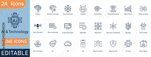 Set of 24 AI and technology line icons. Includes AI, automation, chatbot, blockchain, cybersecurity, cloud computing, IoT, VR, AR, data encryption, neural network, and more. Fully editable vector.