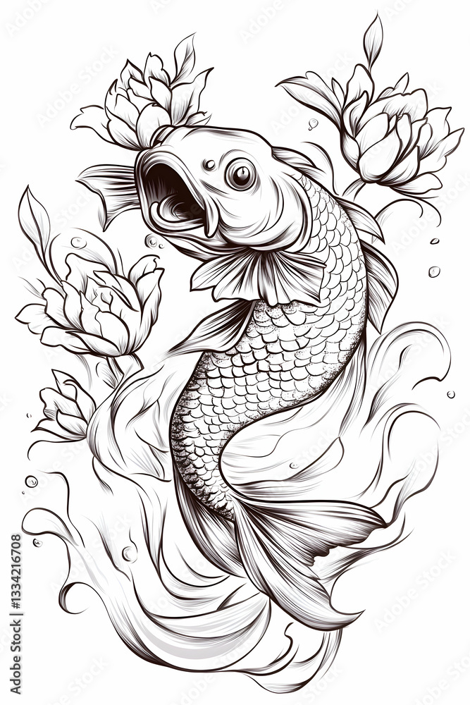 Obraz premium Leaping koi fish amidst stylized floral swirls and water