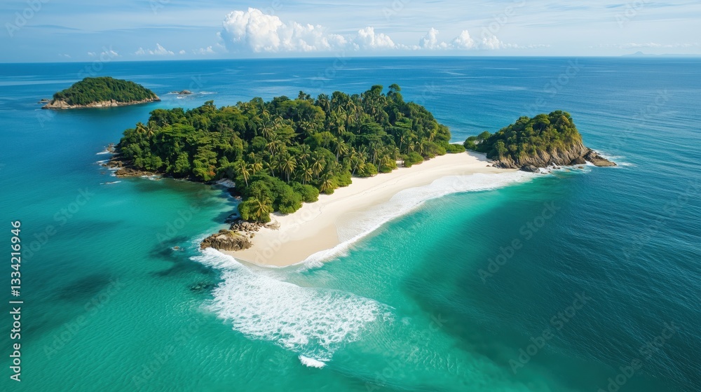 Fototapeta premium Aerial View of a Tropical Island Surrounded by Turquoise Waters and White Sand Beaches - Exotic Paradise and Travel Destination