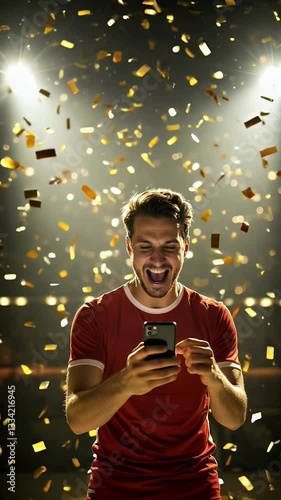 Man in soccer jersey looking at his cell phone while golden confetti falls down for winning a prize