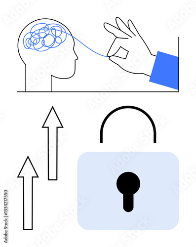 Hand unraveling tangled thread in a head silhouette, blue padlock and arrows pointing upwards. Ideal for mental health, clarity, problem-solving, growth, therapy, motivation change. Flat simple