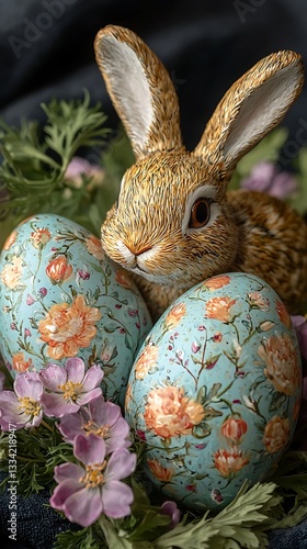 A brown bunny sits beside decorated Easter eggs