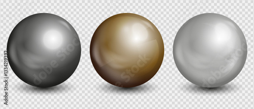 Metallic chrome, gold 3d sphere realistic on transparent background, Spherical shape silver ball, Vector illustration.