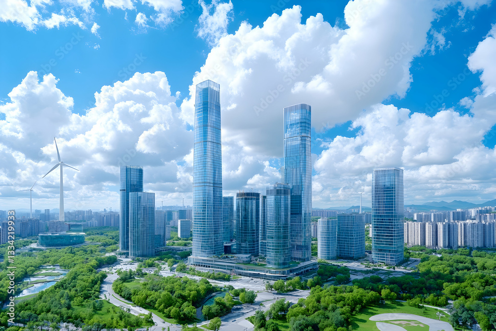 Fototapeta premium Modern cityscape with skyscrapers, green spaces, and a wind turbine under a bright, sunny sky
