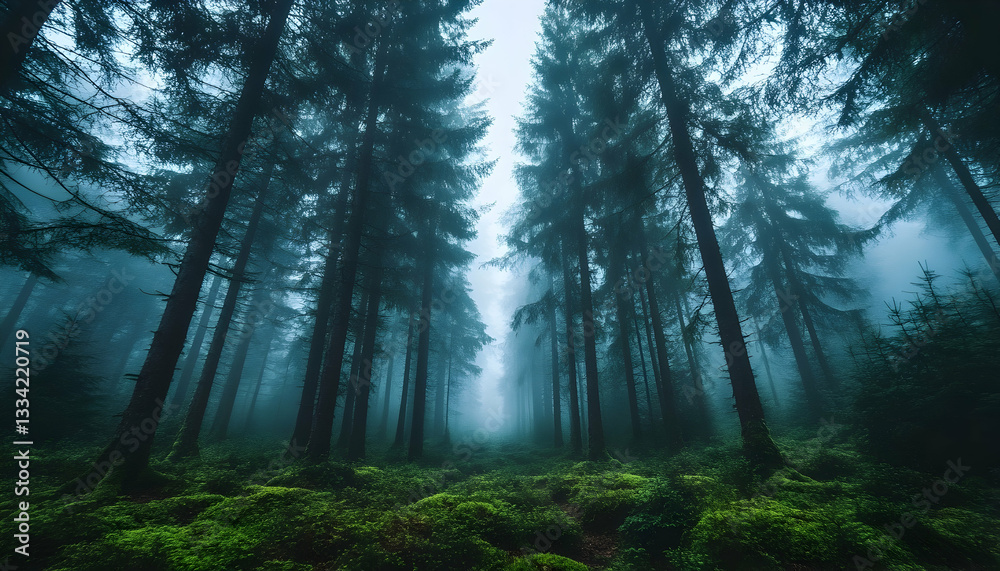 Fototapeta premium Mystical foggy forest path, tall trees, mossy ground