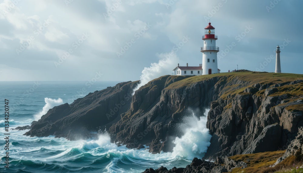Majestic Coastal Lighthouse Overlooking Turbulent Ocean Waves Majestic Coastal Lighthouse Overlooking Turbulent Ocean Waves