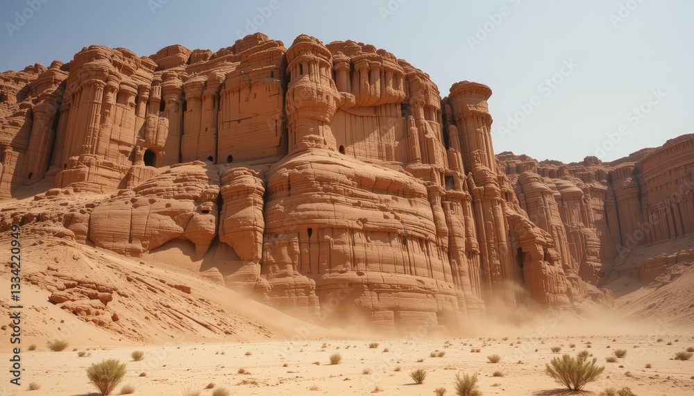 Fototapeta premium Majestic Rock Formations in Arid Desert Landscape Under Bright Sunlight