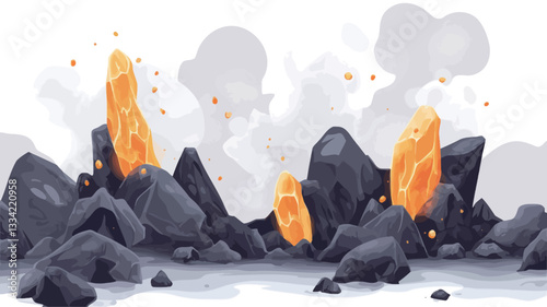 The image is a digital illustration depicting several bright orange-yellow crystalline structures seemingly emerging from a pile of dark gray rocks.  The crystals have a flame-like quality, with