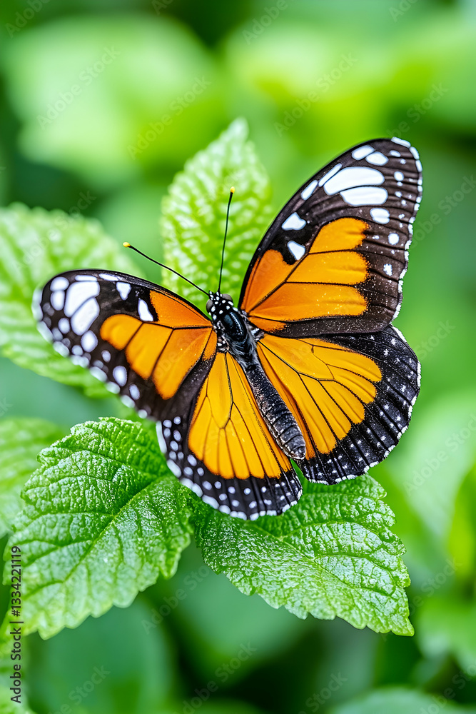 Fototapeta premium Orange butterfly perched on vibrant green leaves