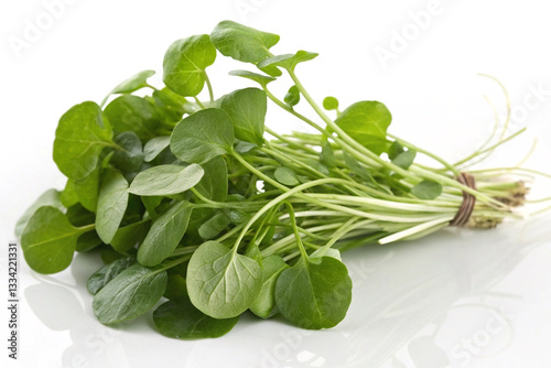 Fresh bunch of green watercress leaves
Close-up of a fresh bunch of watercress with vibrant green leaves, isolated on a white background, ideal for salads and garnishes.
