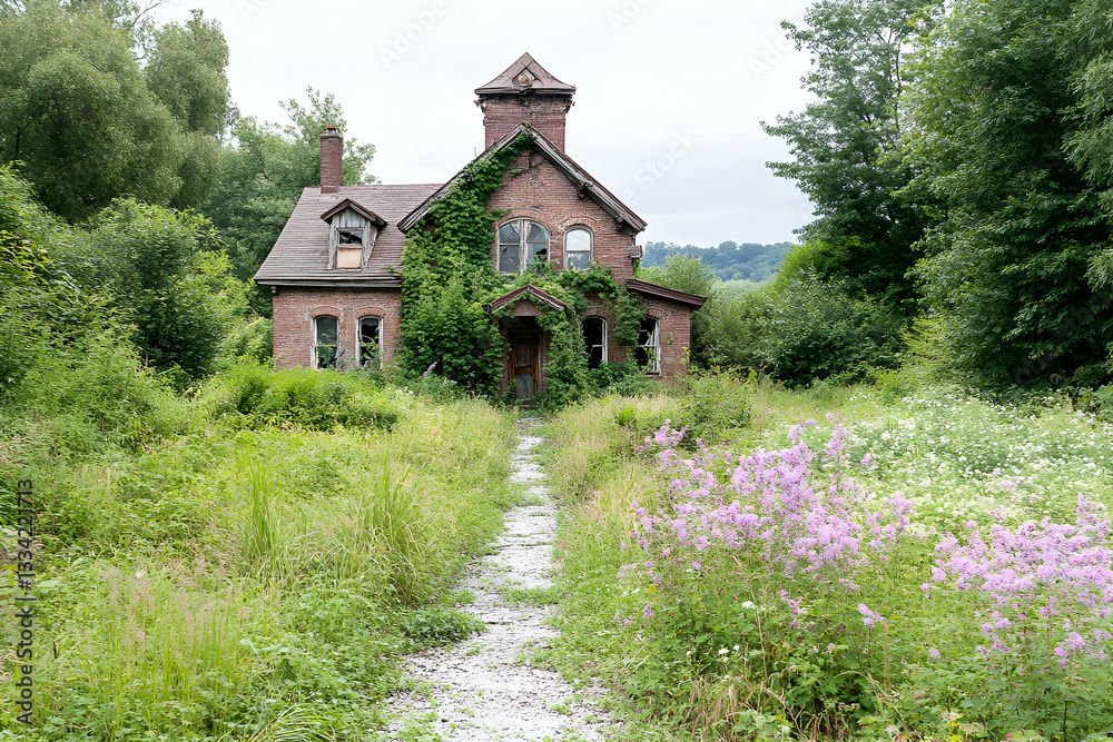 Obraz premium Overgrown brick house, path leads to decaying structure amidst wildflowers and tall grass