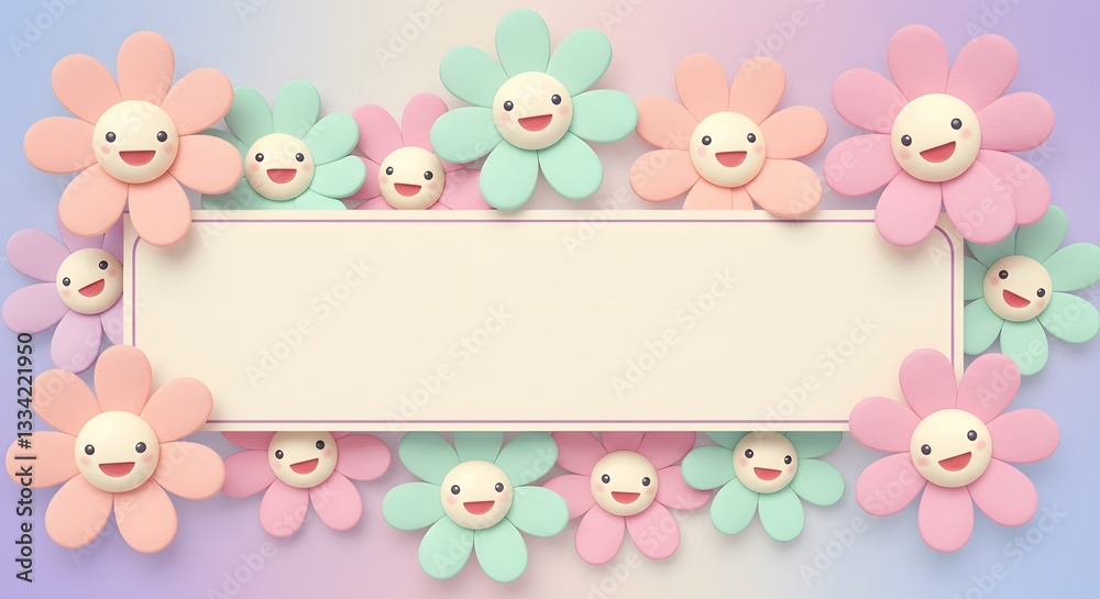 Smiling Flower Cartoon Characters Bordering Text Frame on Pastel Gradient Smiling Flower Cartoon Characters Bordering Text Frame on Pastel Gradient