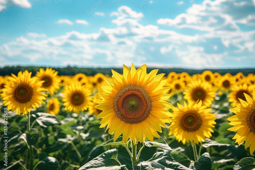 Beautiful field of vibrant yellow sunflowers blooming under a blue sky Beautiful field of vibrant yellow sunflowers blooming under a blue sky