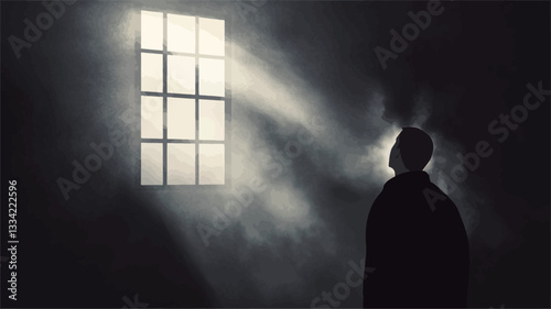 The image is a monochrome photograph depicting a solitary, silhouetted figure standing in a dark room.  Light streams through a window with a grid pattern, creating strong, contrasting rays that