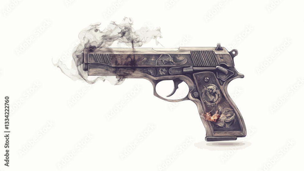 Close-up studio shot of a handgun seemingly disintegrating or decaying. The firearm is centrally positioned against a plain white background.  A hazy, smoke-like effect emanates from the gun,