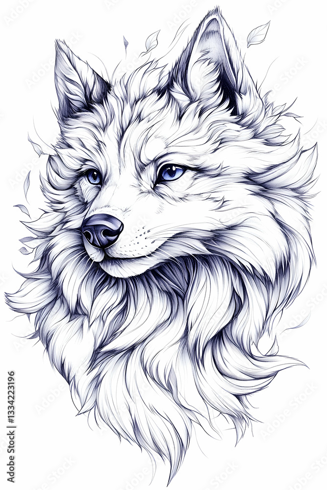 Fototapeta Pen-and-ink drawing of a majestic white fox head with blue eyes and delicate leaf details