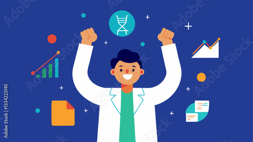 Eureka Moment A scientist raising their hand in excitement surrounded by floating charts and DNA icons symbolizing a breakthrough in genetic research.