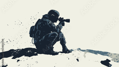 The image is a stylized illustration or graphic design depicting a soldier in a crouched position, appearing to be observing something through an optic device. The soldier is rendered in dark tones