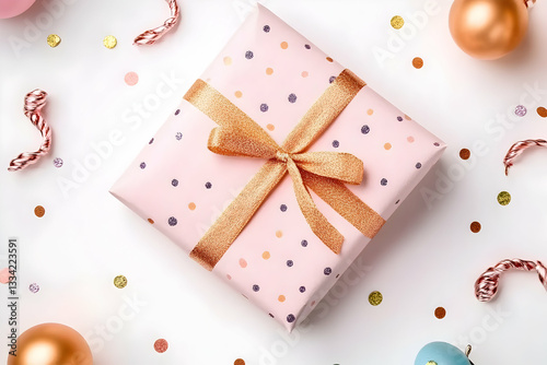 Pink gift box with gold ribbon and confetti